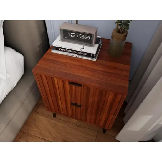 KWPZQEB Wooden Fluted Nightstand, 17.7" Wide Side Table with 2 Large Storage Drawers, Modern Night Stand for Living Room, Bedroom, Brown image {2}