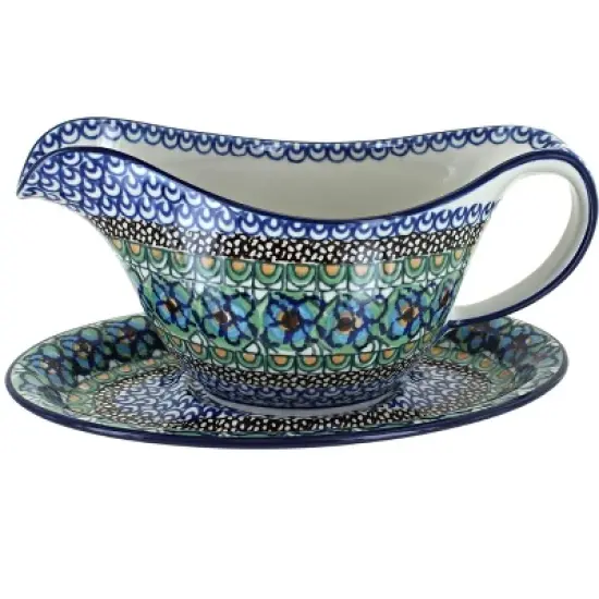 Blue Rose Polish Pottery 239 Ceramika Gravy Boat & Plate image {2}