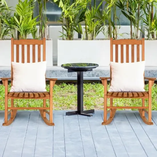 Costway 2 PCS Outdoor Eucalyptus Rocking Chair Single Rocker for Patio Deck Natural image {1}