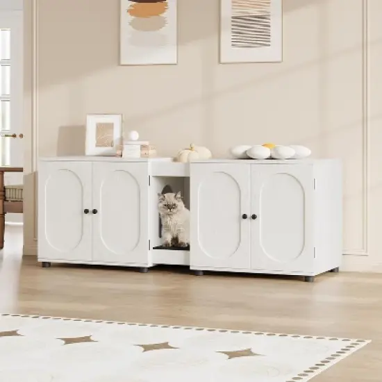 55.1" Double Cat Litter Box Enclosure with Rattan Doors - Hidden Cabinet for 2 Cats, Odor Control & Litter Mat image {7}