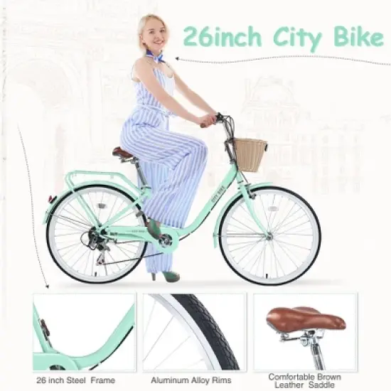 NAYSAYE Bicycle 7 Speed City Bike with Basket Steel Frame for Girls for Commuting and Leisure, Green, 66.93"*24.8"*41.34" image {2}