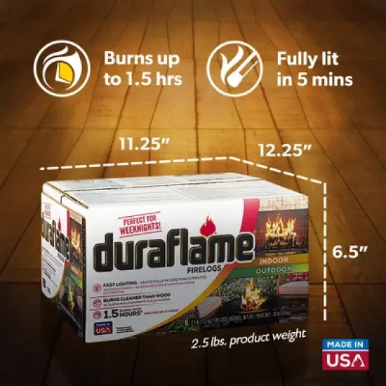 Duraflame 2.5lb Indoor Outdoor Quick Light Firelog for Camping, Firepits, Bonfires, and Fireplaces, 1.5 Hour Long Burn Time, 6 Pack image {2}