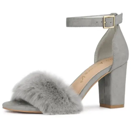 Allegra K Women's Faux Fur Ankle Strap Block Heels Sandals image {8}