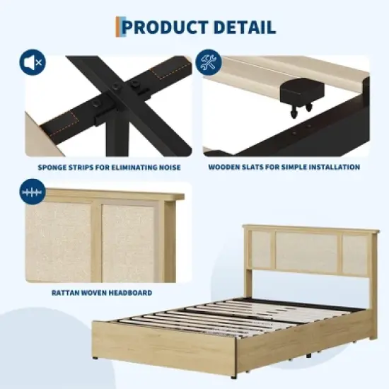 Bed Frame with Natural Rattan Headboard, Queen Size, 4 Storage Drawers, Wooden Slats, Boho-Style Cane Support, Metal Base image {3}
