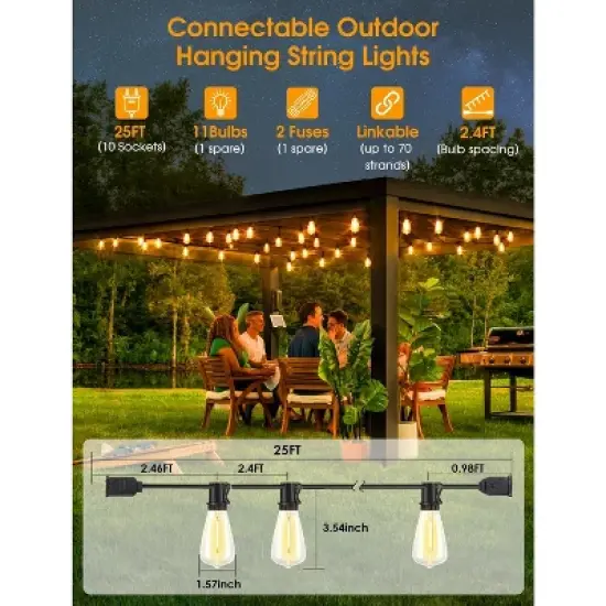 Itopfox 25FT Outdoor String Lights with 10+1 LED Dimmable Waterproof Shatterproof ST38 Retro Edison Bulbs for Balcony Yard, Black image {3}