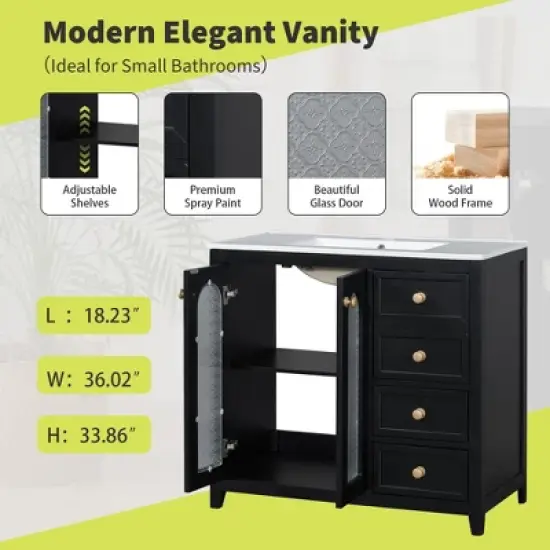 36" Bathroom Vanity with Sink, Solid Wood Cabinet with 2 Soft Close Doors, Adjustable Shelves & 3 Drawers, Modern Elegant Vanity - ModernLuxe image {5}