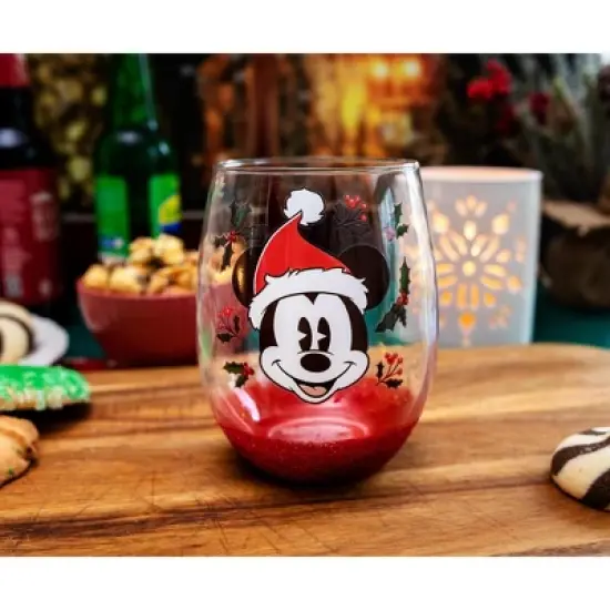 Silver Buffalo Disney Mickey Mouse Santa Hat Teardrop Stemless Wine Glass | Holds 20 Ounces image {2}