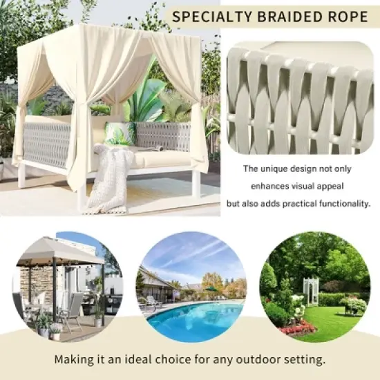 Outdoor Patio Rattan Canopy Daybed Sunbed with Curtain and Woven Rope Arm image {12}