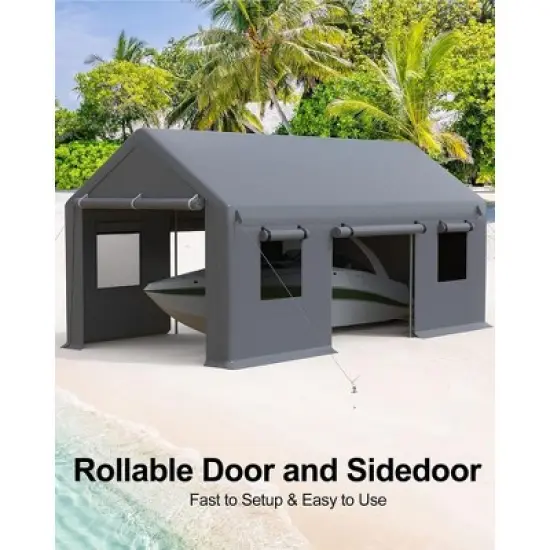 10x20FT Heavy-Duty Portable Carport with Roll-Up Ventilated Windows, All-Season Waterproof, UV-Resistant Canopy for Trucks and Boats - Grey image {7}