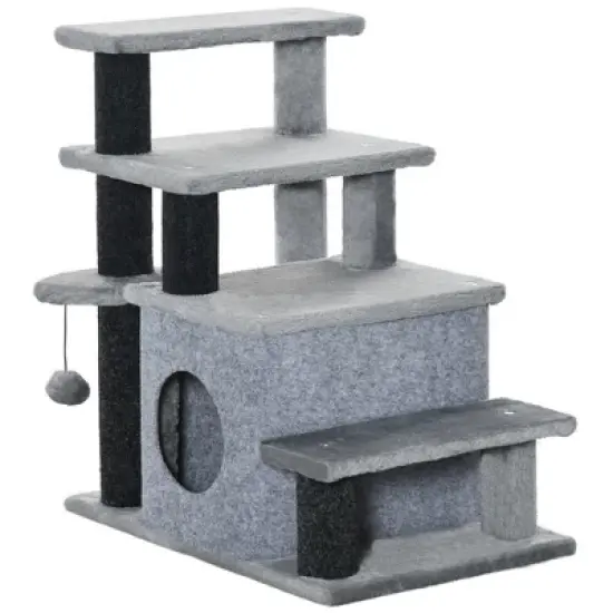 PawHut Pet Stairs, Adjustable Height 3 Step/4 Step Cat Steps with Cat Scratching Post, Cat Condo, Toy Ball, for High Bed, Sofa, Couch, Gray image {3}