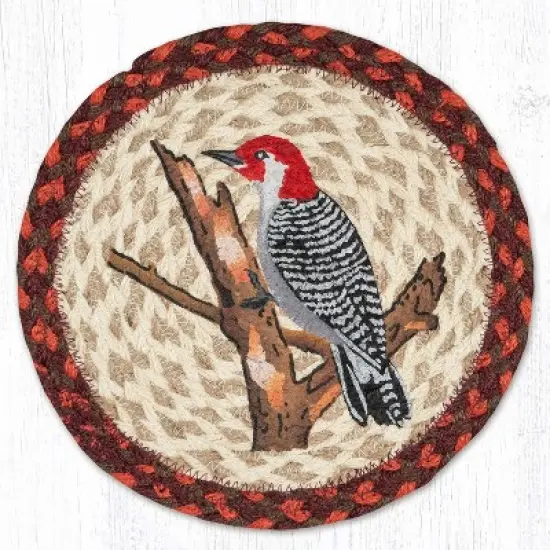 Earth Rugs Eco-Friendly Bird Decor &ndash; Round Braided Jute Trivet with Hand-Stenciled Woodpecker image {3}