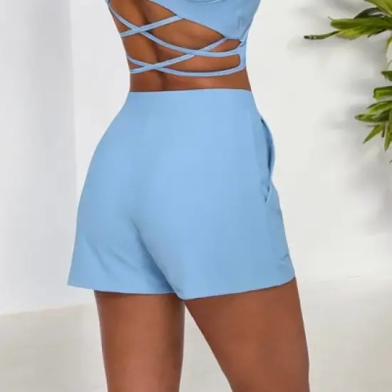 Anna-Kaci Active Women's Ribbed Drawstring Athletic Shorts with Side Pockets- X Large, Blue image {1}