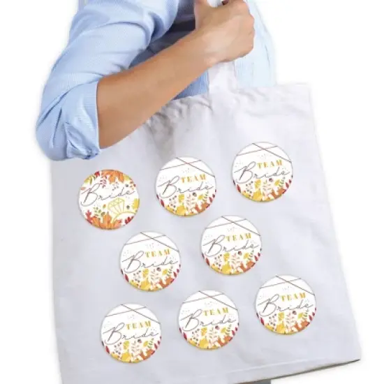 Big Dot of Happiness Fall Foliage Bride - 3 inch Autumn Leaves Bridal Shower and Wedding Party Badge - Pinback Buttons - Set of 8 image {1}