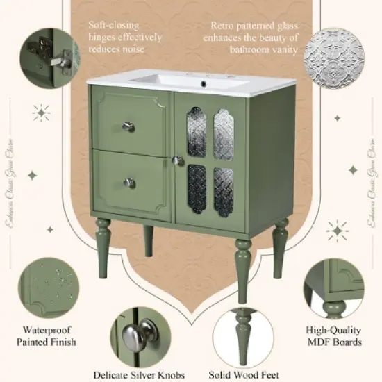 30'' Retro-Style Bathroom Vanity with Ceramic Sink, Freestanding Storage Cabinet with 2 Soft-Closing Drawers & Door, Green -ModernLuxe image {4}