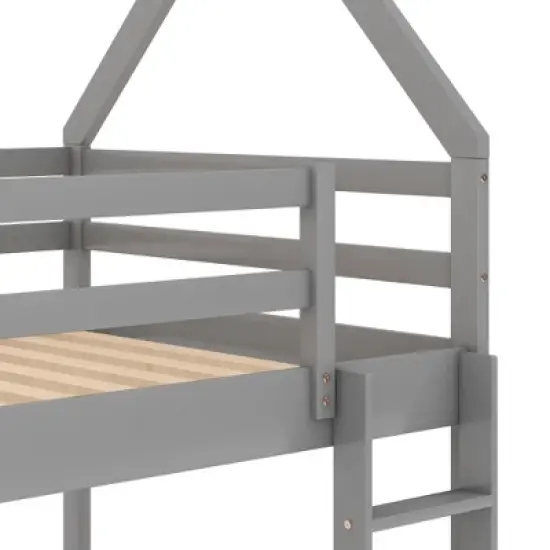 Twin over Twin House Shaped Bunk Bed with  Ladder and Guardrail-ModernLuxe image {11}