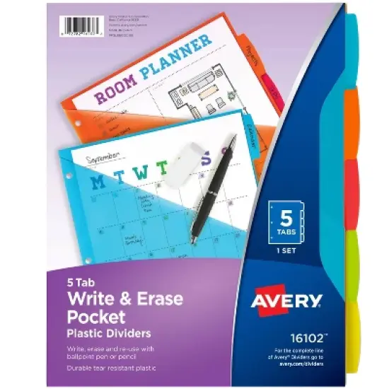 Avery 5ct Write & Erase Pocket Tab Plastic Divider Set: Multicolor Binder Dividers with Pockets, Filing Accessories image {3}