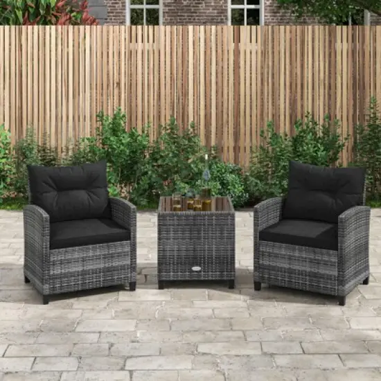 Tangkula 3 Pieces Patio Bistro Set Outdoor PE Rattan Conversation Chair Set with Tempered Glass Side Table and Removable Cushions Black image {3}