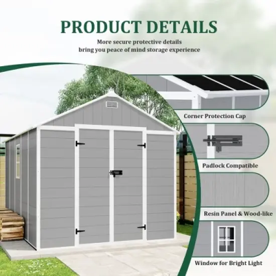 8*8ft resin storage shed, high quality pp material, strong structure, waterproof, rust and UV proof, large storage space, HD window lighting image {1}