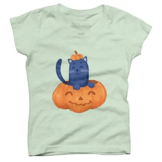 Girl's Design By Humans Halloween Cat In A Pumpkin By wubbadub T-Shirt image {5}