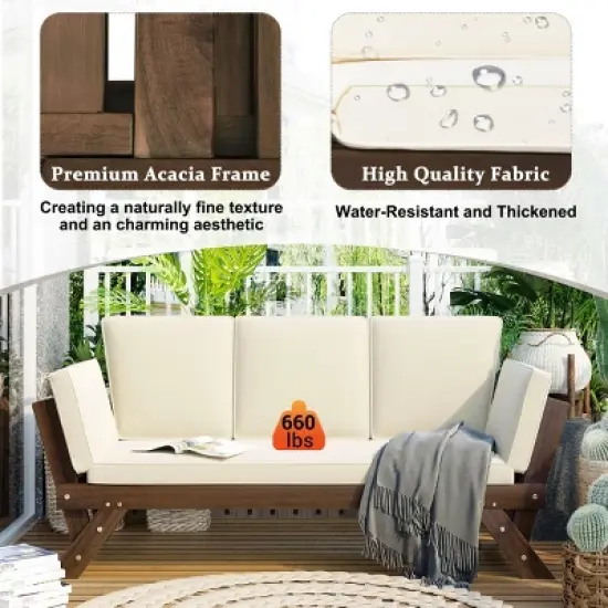 3 Seater Outdoor Patio Acacia Wood Daybed Sofa,Wood Outdoor Garden Loungers with Cushion,Patio Sectional Sofa with Adjustable Sides-Coolbibila image {5}