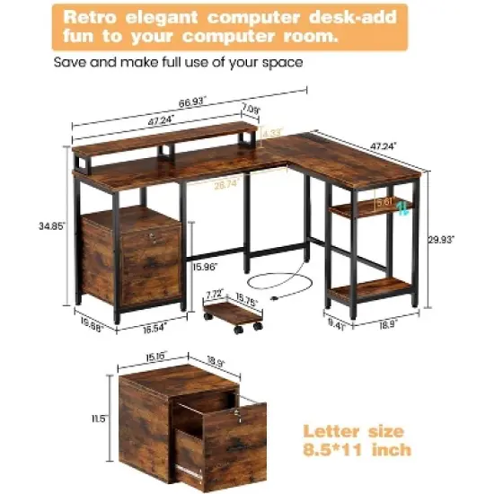 GustoWave 67" L-Shaped Computer Desk with File Drawer,Corner Office Desk, Includes Monitor Shelf, Printer Storage, and Mobile CPU Stand, Gaming Table image {2}