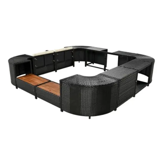 Outdoor Patio Rattan Spa Surround Frame Sofa Set with Storage Spaces and Wooden Bench image {12}