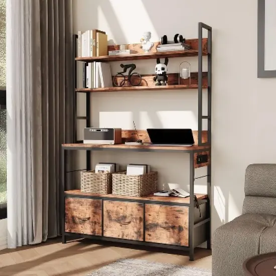 Industrial 5-Tier Bakers Rack with Power Outlet, Microwave Stand with Storage Cabinet & 10 Hooks for Kitchen Organization image {7}