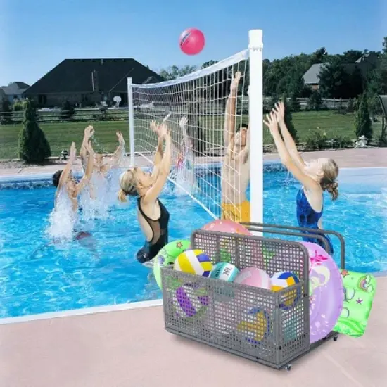 Poolside Float Storage with Wheels, Rolling PE Rattan Pool Caddy, Outdoor Wicker Pool Float Holder Storage Box for Cushions, Floaties, Noodles, Toys image {5}