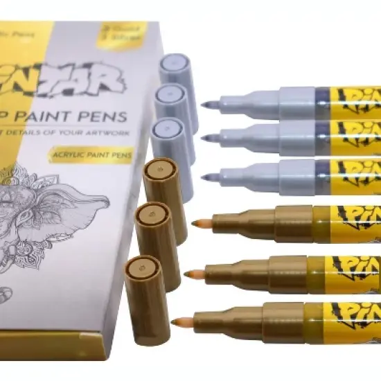 Pintar Premium Acrylic Paint Pens - 3 Gold & 3 Silver(6-Pack) Extra Fine Tip(0.7) Rock Painting, Wood, Paper, Fabric, Craft Supplies, DIY Project image {7}