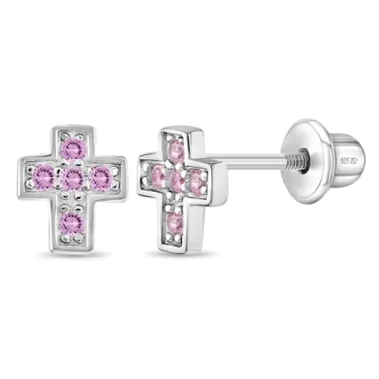 Girl's Tiny Classic CZ Cross Screw Back Sterling Silver Earrings - In Season Jewelry image {5}