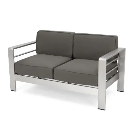 Christopher Knight Home Cape Coral 56" Outdoor Aluminum Loveseat with Cushions, Silver/Khaki image {3}