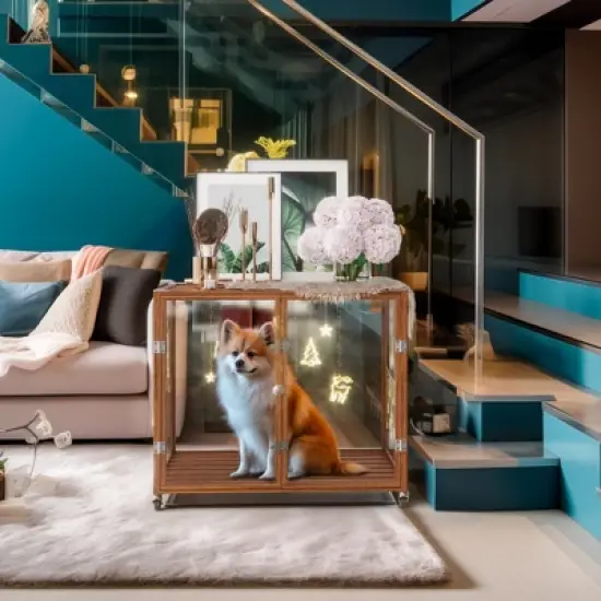 Artloge Modern Extra Large Heavy Duty Dog Crate Tempered Glass Brown Pet Cage with Anti-Rust Aluminum Frame Lockable Casters & Spacious Interior,M image {2}