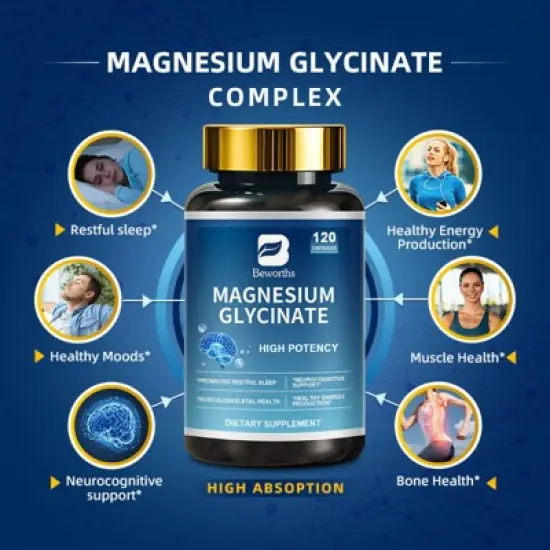 B Beworth High Absorption Magnesium Glycinate Supplements, Supports Muscle Relaxation, Bone Heart and Nerve Health, 120ct image {3}