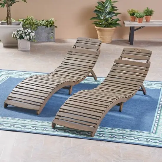 Christopher Knight Home Lisbon Outdoor Acacia Wood Folding Armless Chaise Lounge (Set of 2) image {1}