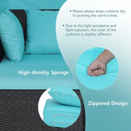 Tangkula Patio Hand-Woven PE Wicker Daybed Outdoor Loveseat Sofa Set w/ Turquoise Cushions image {6}