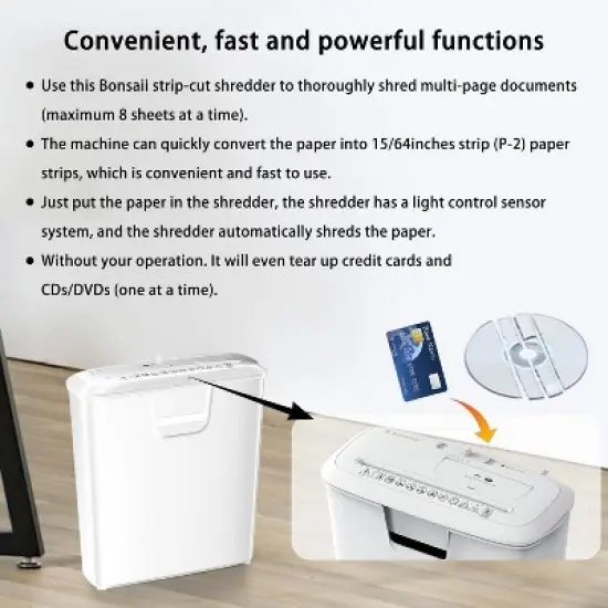 Bonsaii 8-Sheet Strip-Cut Shredder for Home Use, Shreds CDs/Credit Cards, Overheat Protection, 3.4 Gal Wastebasket for Home Office image {5}