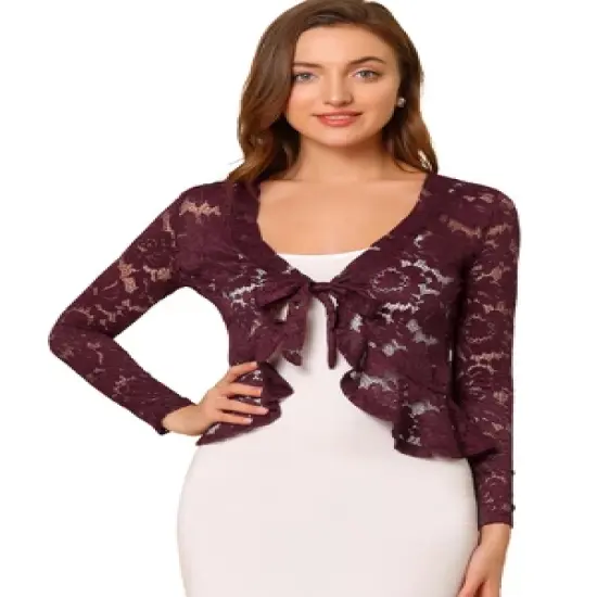 Allegra K Women's Tie Front Crop Cardigan Ruffled Hem Floral Lace Sheer Shrug Top image {14}