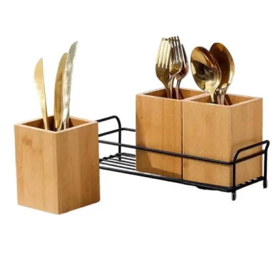 Bamboo Utensil Holder, Wood Cutlery Holder Silverware Caddy with 3 Detachable Compartments & Handles, Flatware Caddy Fork Spoon Knife Organizer image {7}