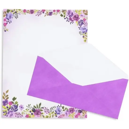 Pipilo Press 48 Pack Purple Watercolor Floral Stationery Paper and Envelopes Set, 8.5" x 11" image {6}