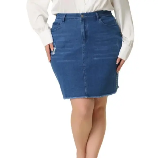 Agnes Orinda Women's Plus Size Denim Embroidered Distressed Ripped Pencil Skirts image {9}