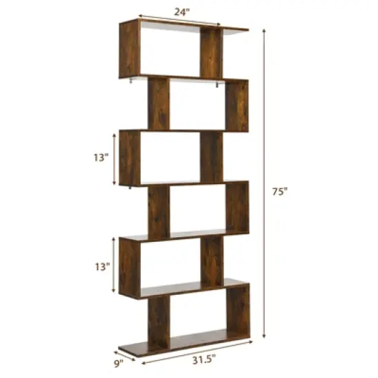 Tangkula 6-Tier S-Shaped Wooden Bookshelf Storage Bookcase Multifunctional  Display Stand Shelf image {6}