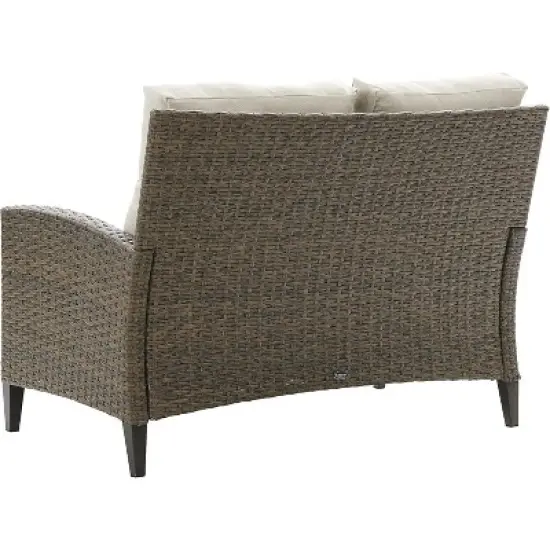 HomeStock Rockport Outdoor Wicker High Back Loveseat Oatmeal/Light Brown image {4}