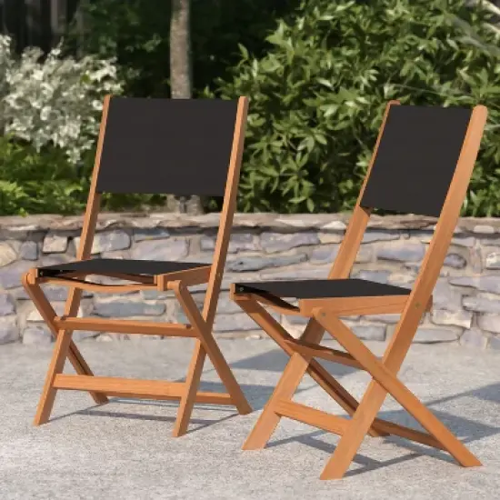Merrick Lane Set of 2 Indoor/Outdoor Acacia Wood Folding Patio Bistro Chairs with Black Textilene Mesh Back and Seat, Natural image {3}