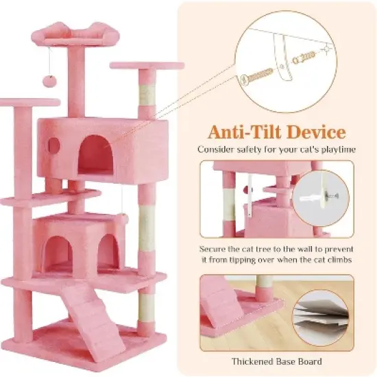 Sevobal Pet Tower Cat Tree Tower, Multi-Level With Sisal Grab Post, Indoor Apartment With Ladder, Plush Toys, Rest And Play, Pink, 19.7&Prime;*19.7&Prime;*53.14&Prime; image {1}