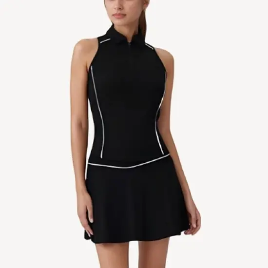 Anna-Kaci Active Women's Sleeveless Performance Polo Tank with Zip Neckline and Contrast Piping for Golf and Tennis image {7}