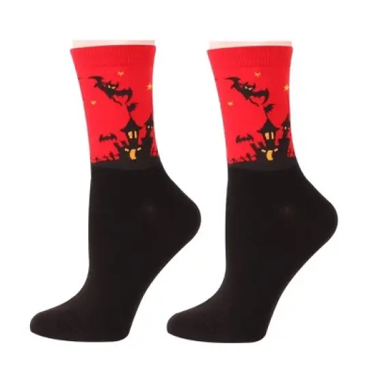 Red Bats and Ghost Over a Haunted House Socks from the Sock Panda - Great for Halloween (Women's Sizes, Adult Medium) image {4}