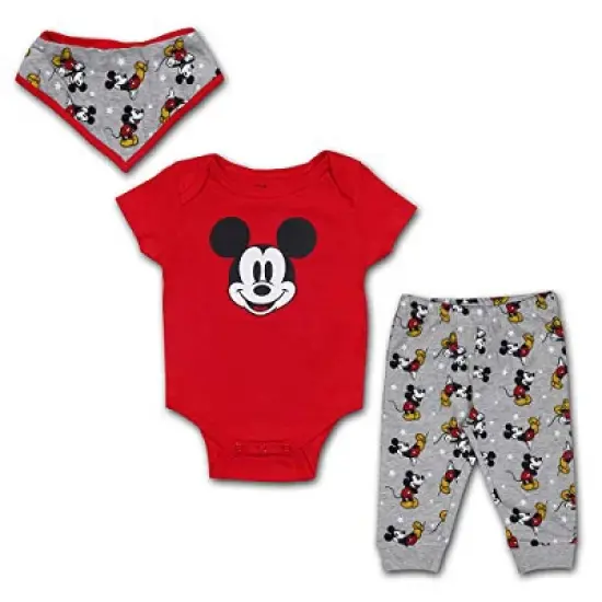 Disney Boy's 3-Pack Mickey Mouse Short Sleeve Baby Bodysuit Creeper, Jogger Pants and Bandana Bib Set for infant image {4}
