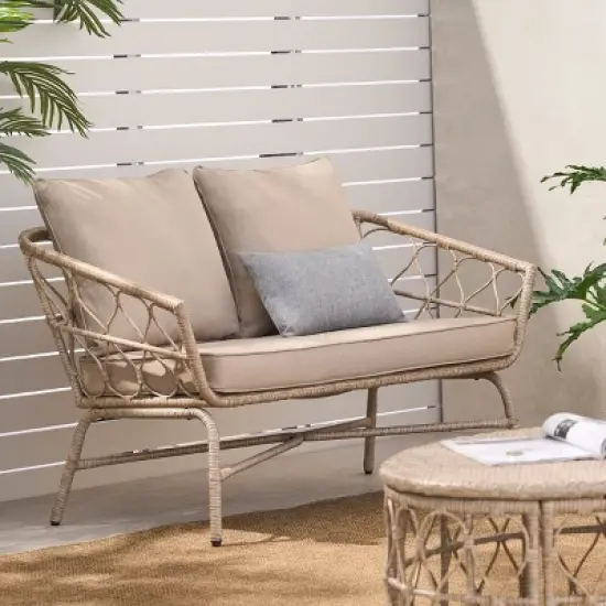 48.5'' Outdoor PE Rattan Loveseat with Brown Waterproof Cushions,Boho Woven Backrest for Patio,Porch or Garden-The Pop Home image {1}