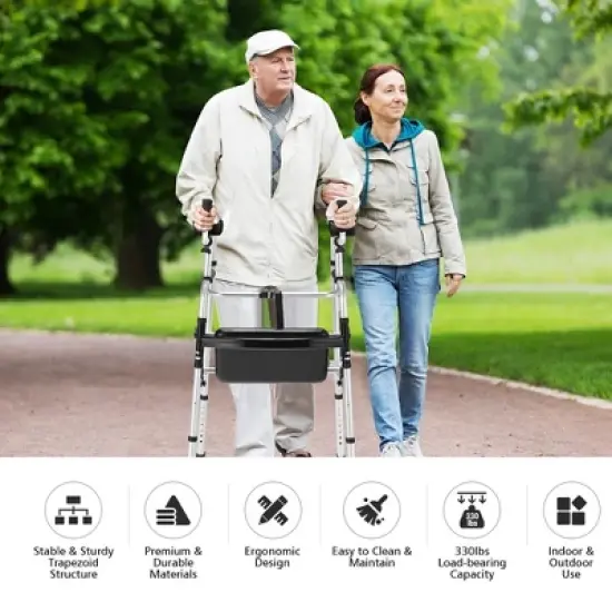 Costway Foldable Aluminum Alloy Walker Wheel Walking Frame with Seat & Armrest Pad image {1}