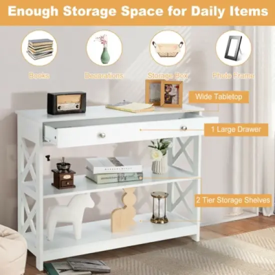 Costway 3-Tier Console Table X-Design Sofa Entryway Table with Drawer & Shelves Gray\ Espresso image {4}